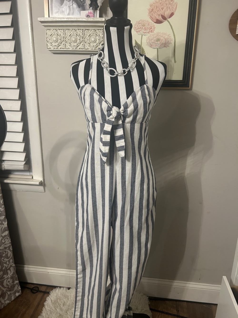 Ci Sono White and blue striped jumpsuit Medium Linen